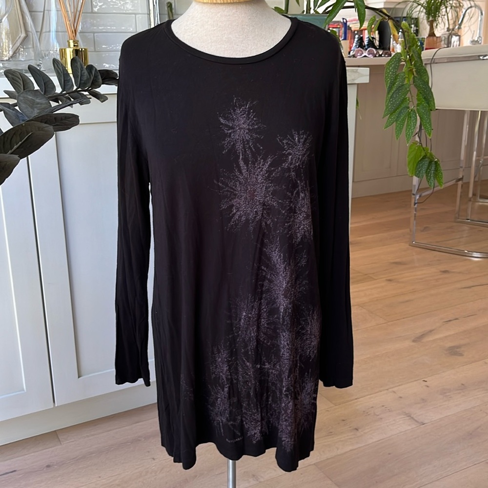 Long tunic length black abstract floral print  jersey top from Merimekko.